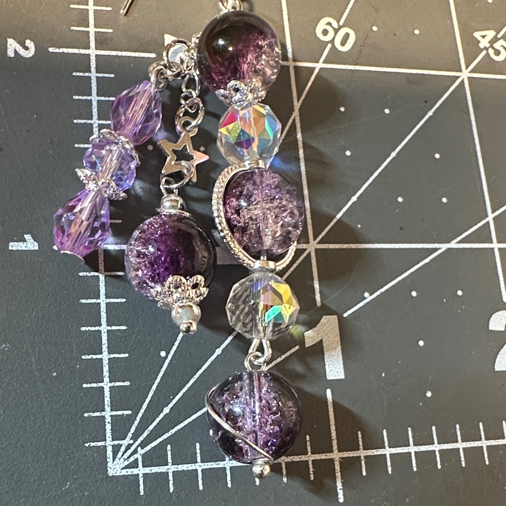 925 Silver Hooks, Purple and Silver Beaded Dangle Earrings - Picture 3 of 4